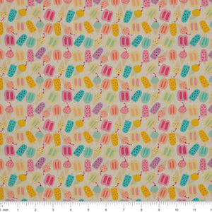 Island Life Rainbow Chill fabric with colorful popsicles and ice cream treats on cream with ruler for scale.