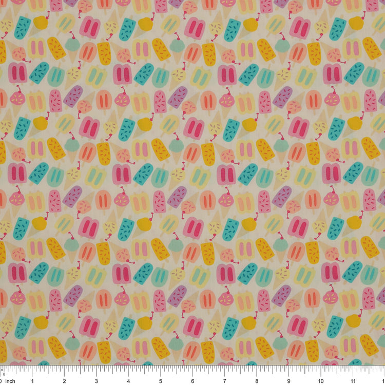 Island Life Rainbow Chill fabric with colorful popsicles and ice cream treats on cream with ruler for scale.