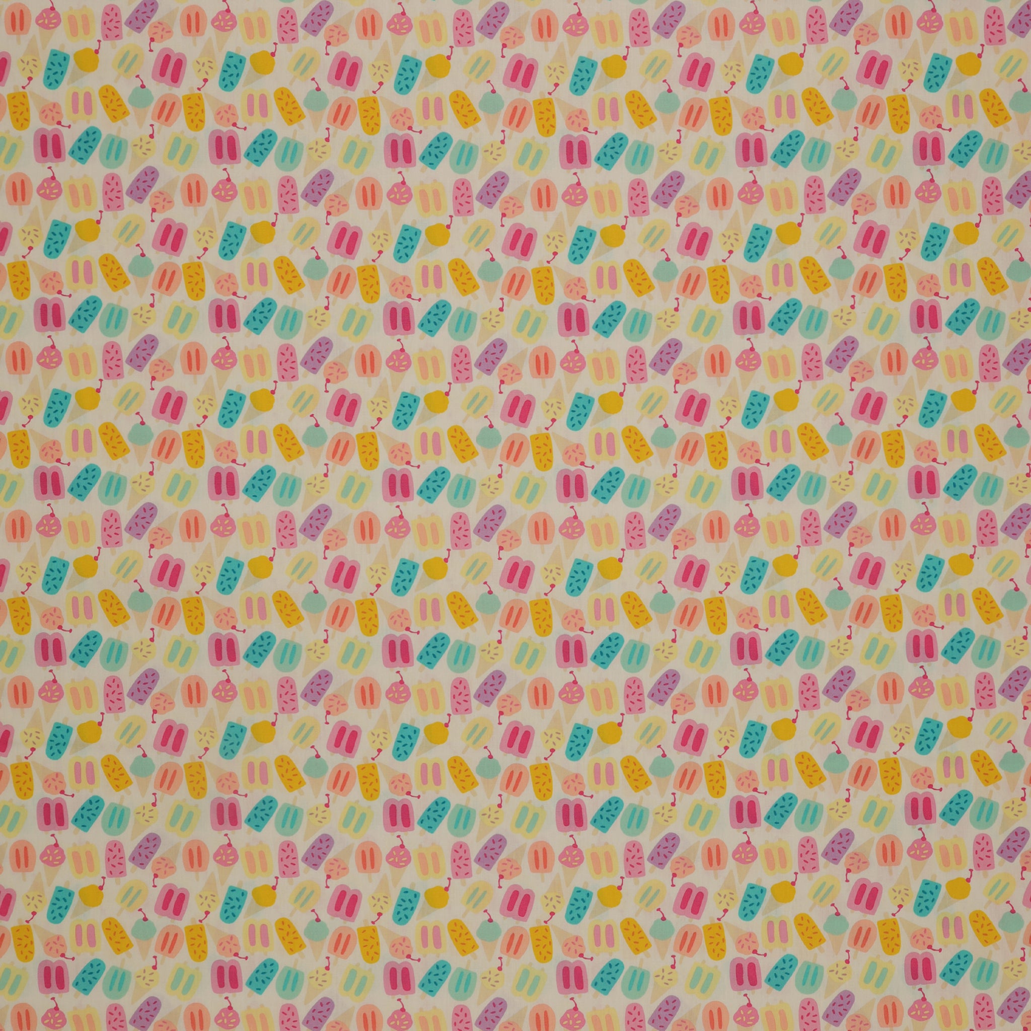 Island Life Rainbow Chill fabric with colorful popsicles and ice cream treats on cream.