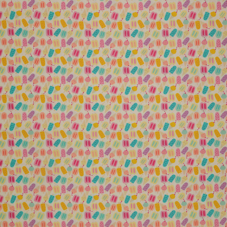 Island Life Rainbow Chill fabric with colorful popsicles and ice cream treats on cream.