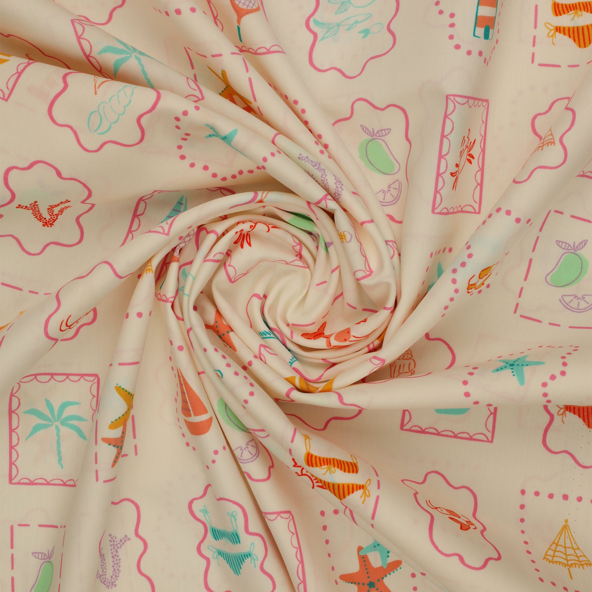 Island Life Summer Tokens fabric with framed beach icons, shells, boats, crabs, and tennis motifs swirled showing texture.