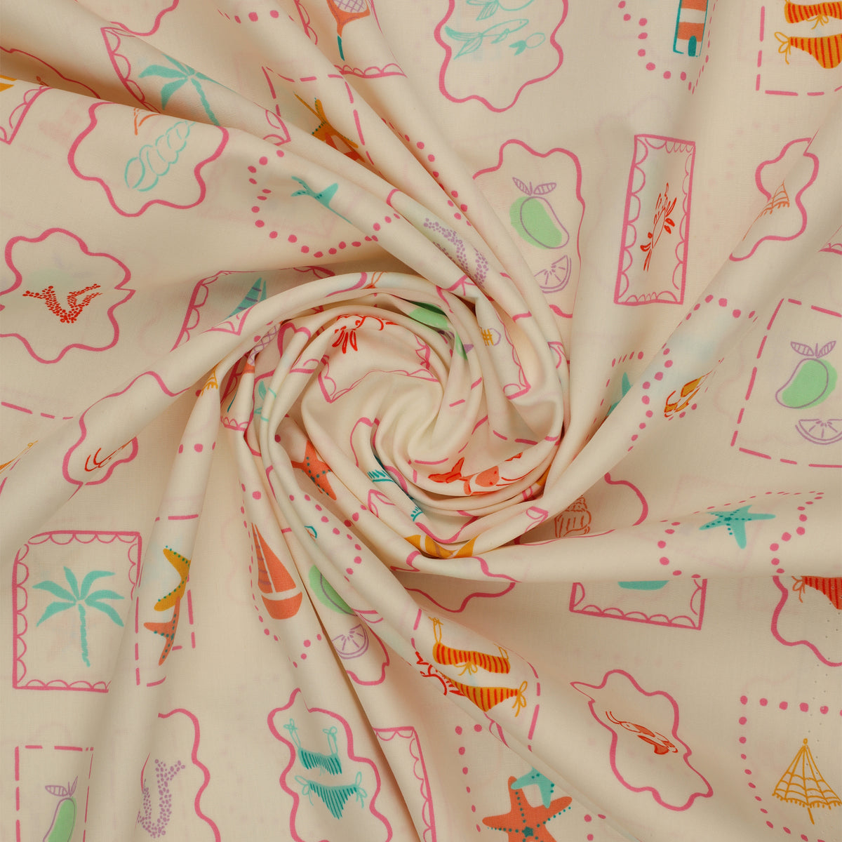 Island Life Summer Tokens fabric with framed beach icons, shells, boats, crabs, and tennis motifs swirled showing texture.