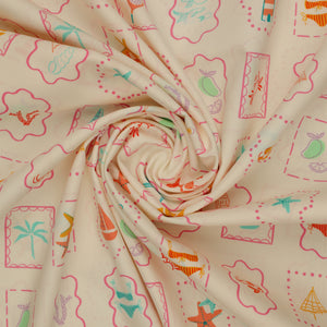 Island Life Summer Tokens fabric with framed beach icons, shells, boats, crabs, and tennis motifs swirled showing texture.