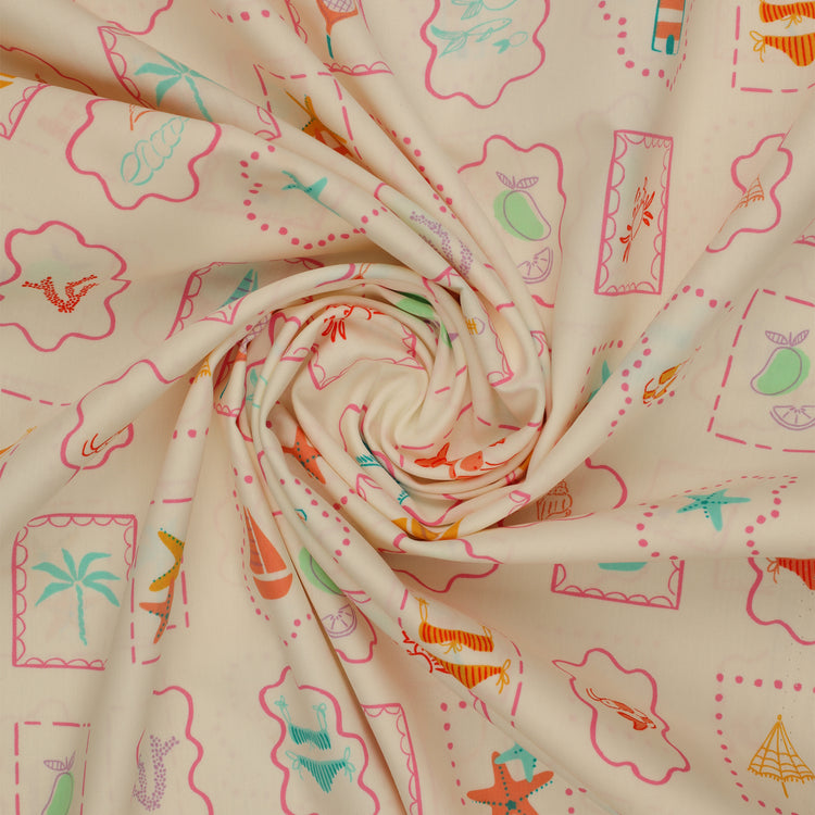 Island Life Summer Tokens fabric with framed beach icons, shells, boats, crabs, and tennis motifs swirled showing texture.