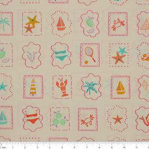 Island Life Summer Tokens fabric with framed beach icons, shells, boats, crabs, and tennis motifs with ruler for scale.
