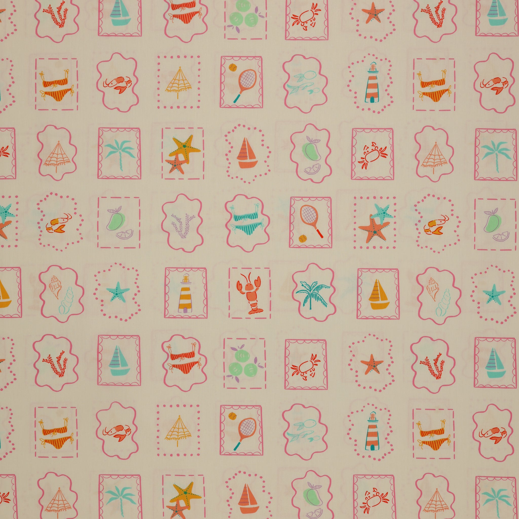 Island Life Summer Tokens fabric with framed beach icons, shells, boats, crabs, and tennis motifs.