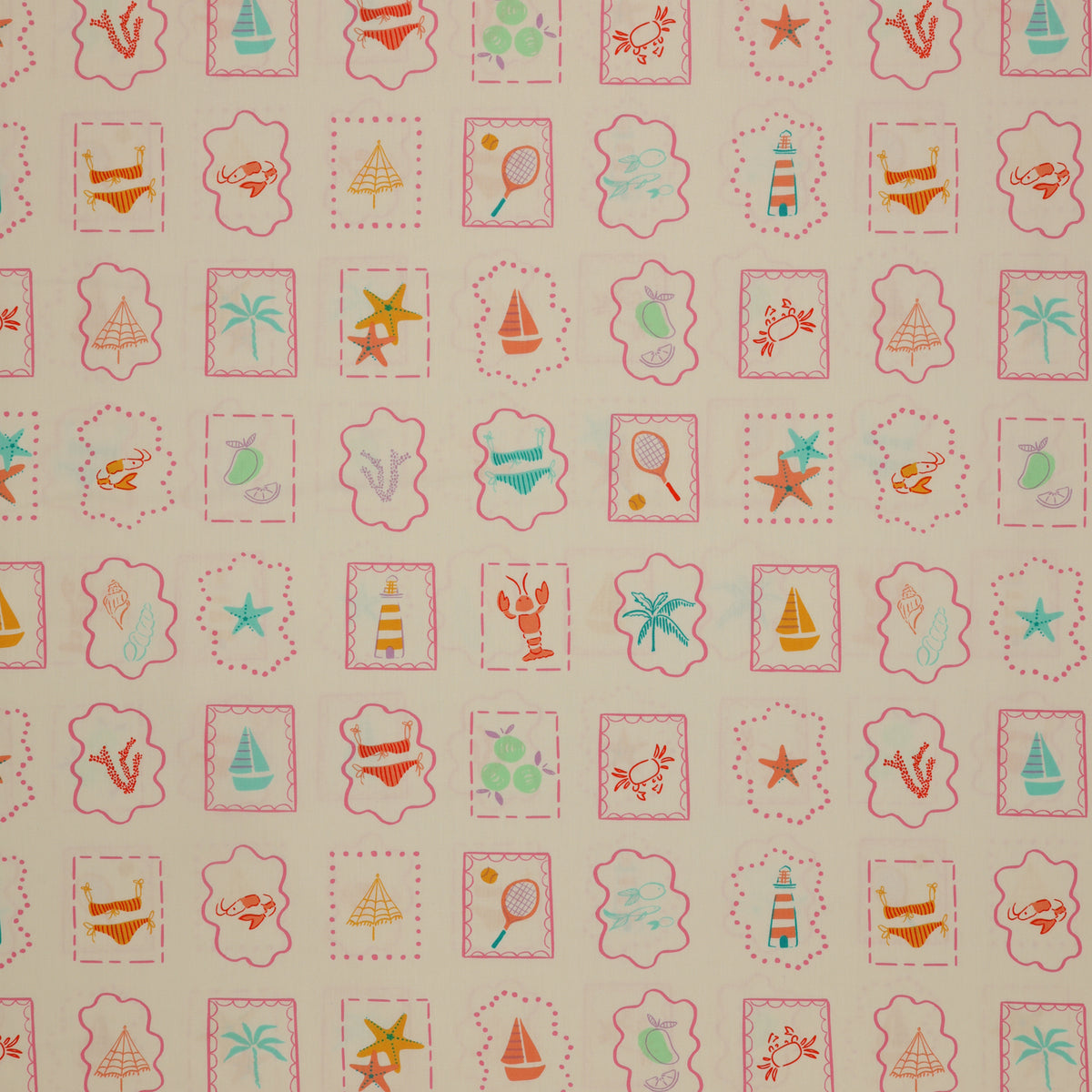 Island Life Summer Tokens fabric with framed beach icons, shells, boats, crabs, and tennis motifs.