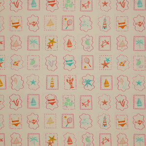 Island Life Summer Tokens fabric with framed beach icons, shells, boats, crabs, and tennis motifs.