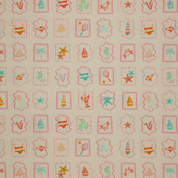 Island Life Summer Tokens fabric with framed beach icons, shells, boats, crabs, and tennis motifs.