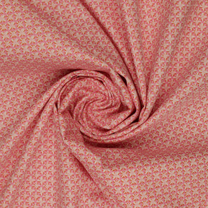 Island Life Summer Rattan fabric with a small woven-inspired geometric pattern in pink and coral swirled showing texture.