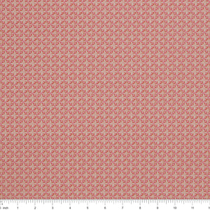 Island Life Summer Rattan fabric with a small woven-inspired geometric pattern in pink and coral with ruler for scale.