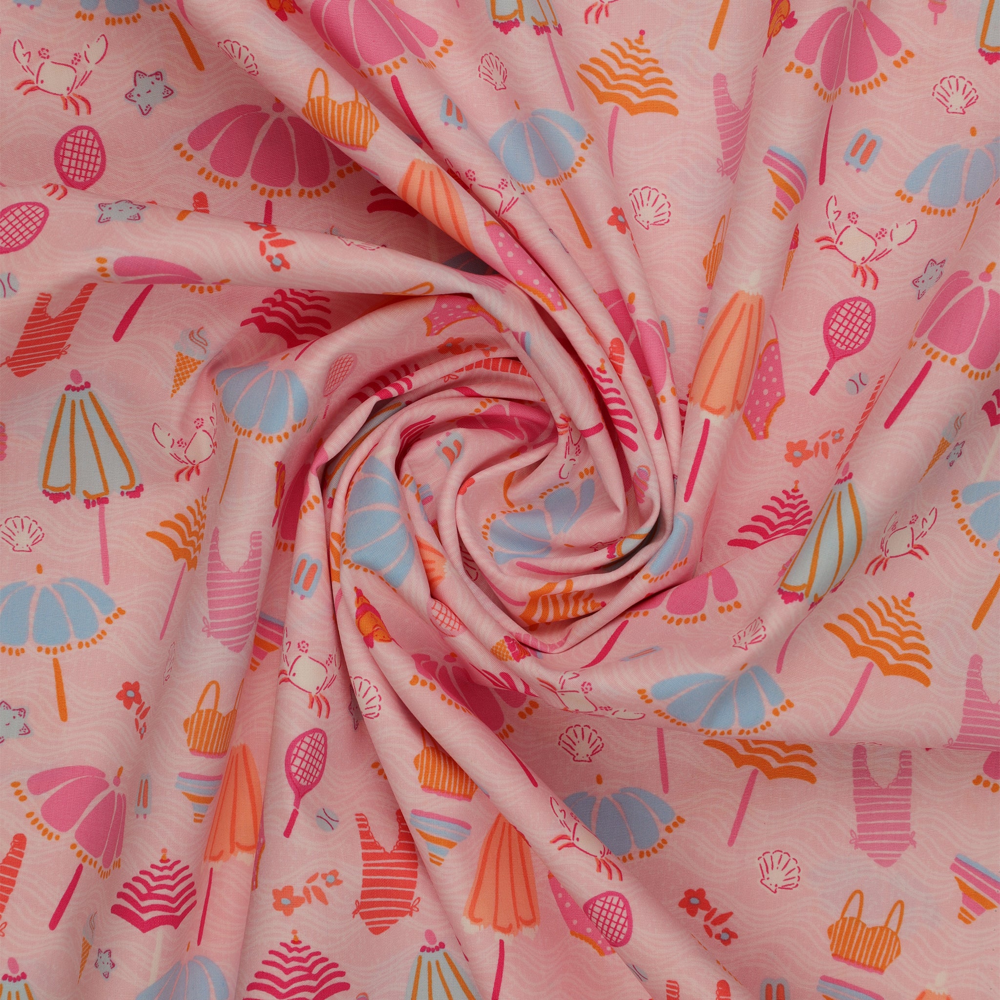 Island Life Beach Bundle fabric with umbrellas, swimsuits, tennis rackets, shells, and beach icons on pink swirled showing texture.