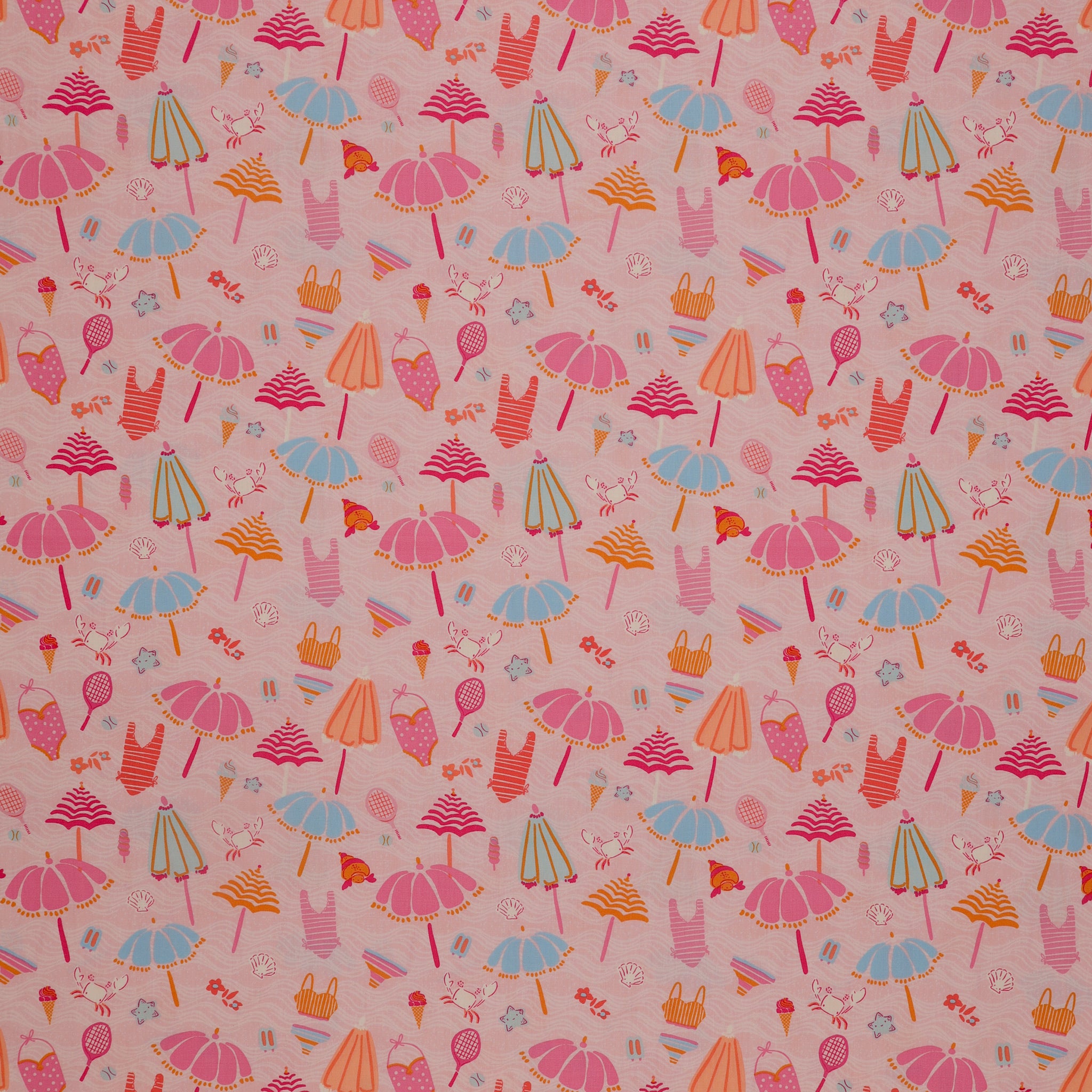 Island Life Beach Bundle fabric with umbrellas, swimsuits, tennis rackets, shells, and beach icons on pink.