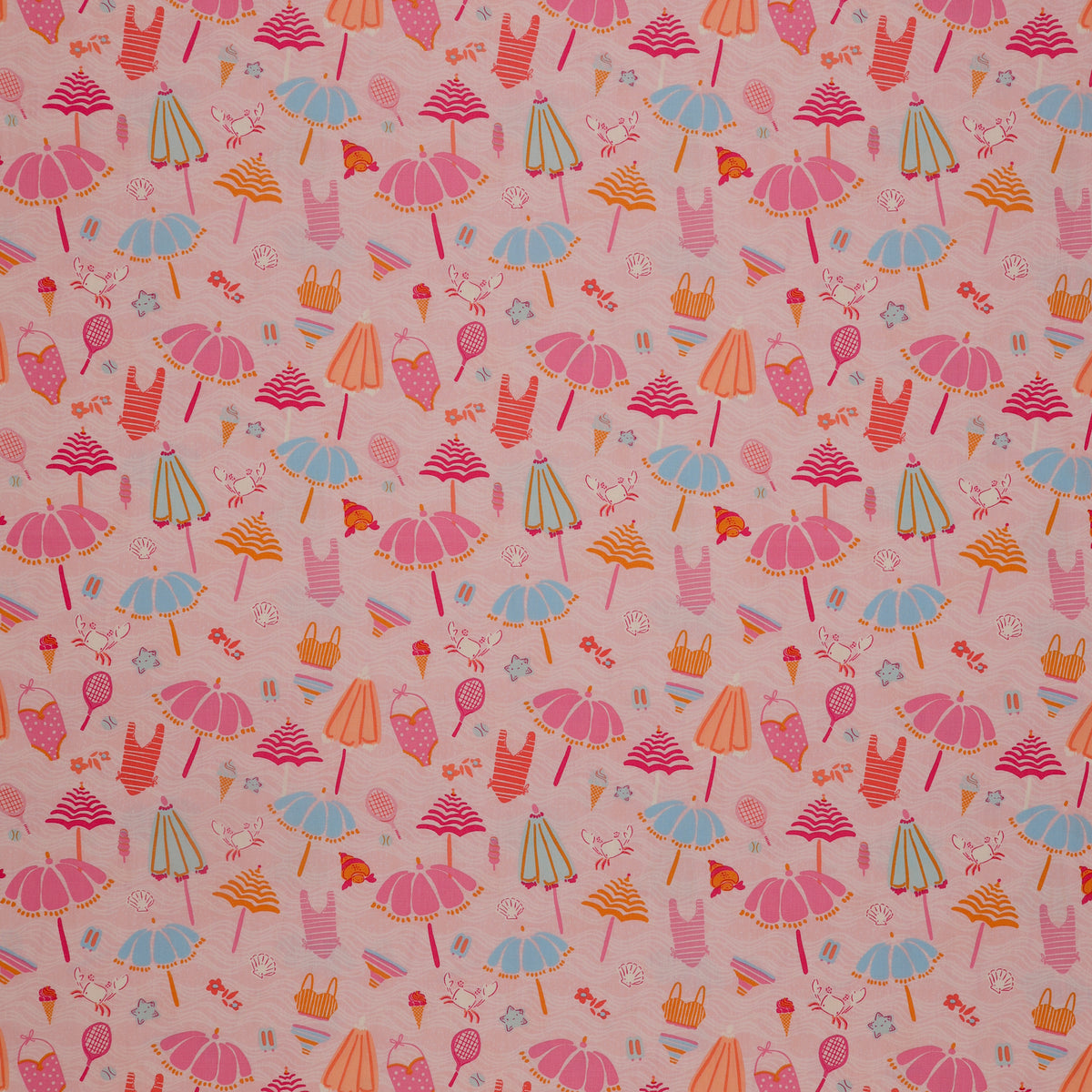 Island Life Beach Bundle fabric with umbrellas, swimsuits, tennis rackets, shells, and beach icons on pink.