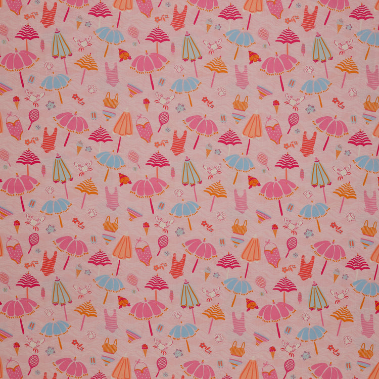 Island Life Beach Bundle fabric with umbrellas, swimsuits, tennis rackets, shells, and beach icons on pink.