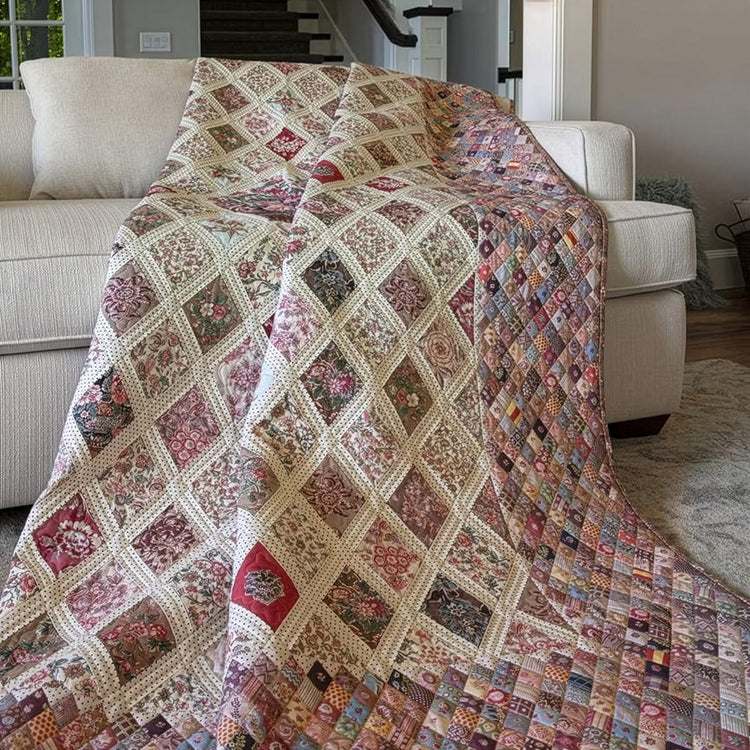 A large patchwork quilted throw blanket draped over a cream-colored sofa in a living room setting.
