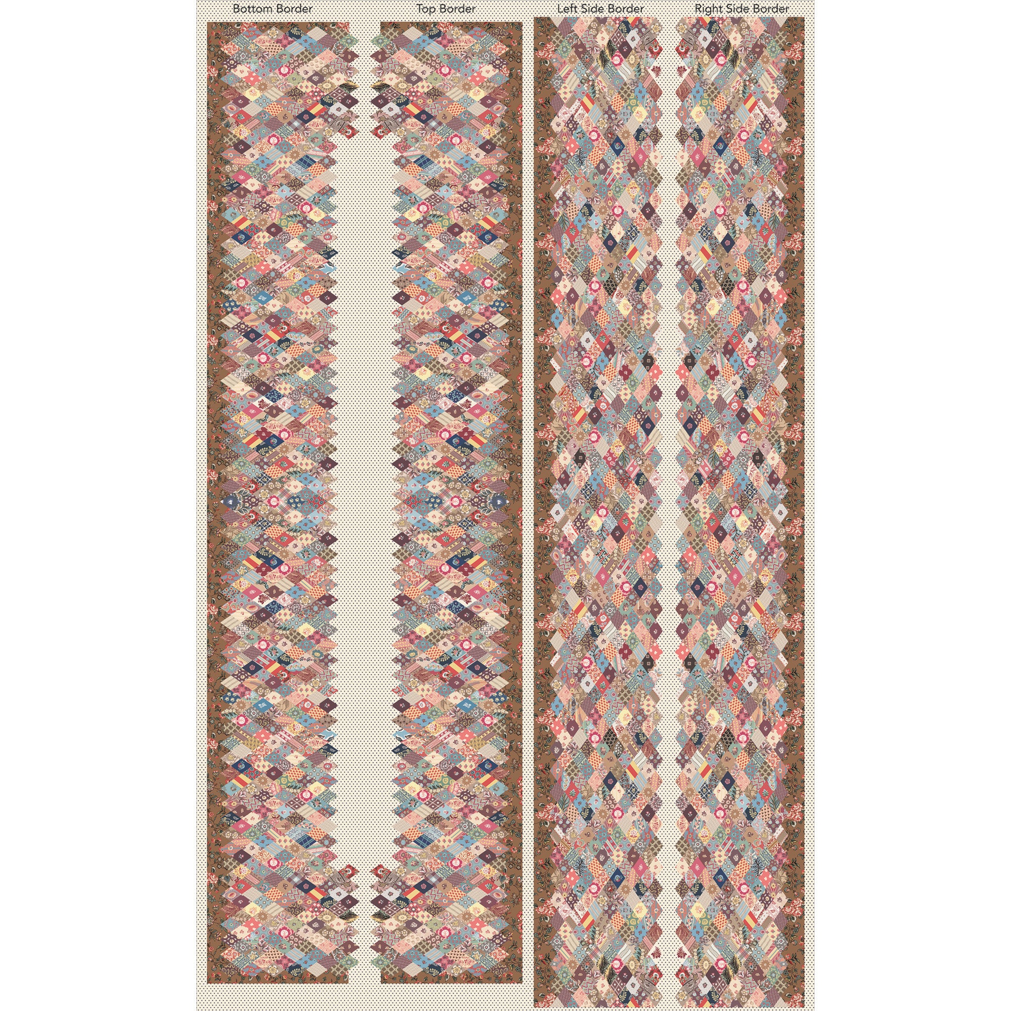 A fabric panel showing four vertical sections labeled 'Bottom Border,' 'Top Border,' 'Left Side Border,' and 'Right Side Border,' with a central white channel between patterned borders in a dusty pink, blue, beige, and brown patchwork design.