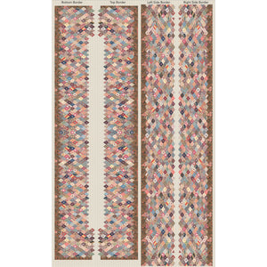 A fabric panel showing four vertical sections labeled 'Bottom Border,' 'Top Border,' 'Left Side Border,' and 'Right Side Border,' with a central white channel between patterned borders in a dusty pink, blue, beige, and brown patchwork design.