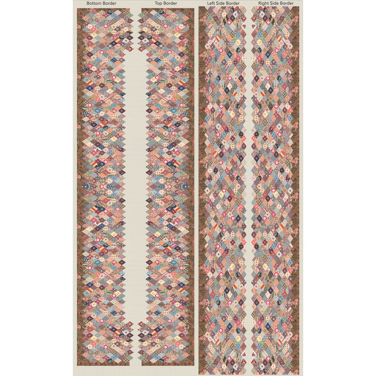 A fabric panel showing four vertical sections labeled 'Bottom Border,' 'Top Border,' 'Left Side Border,' and 'Right Side Border,' with a central white channel between patterned borders in a dusty pink, blue, beige, and brown patchwork design.