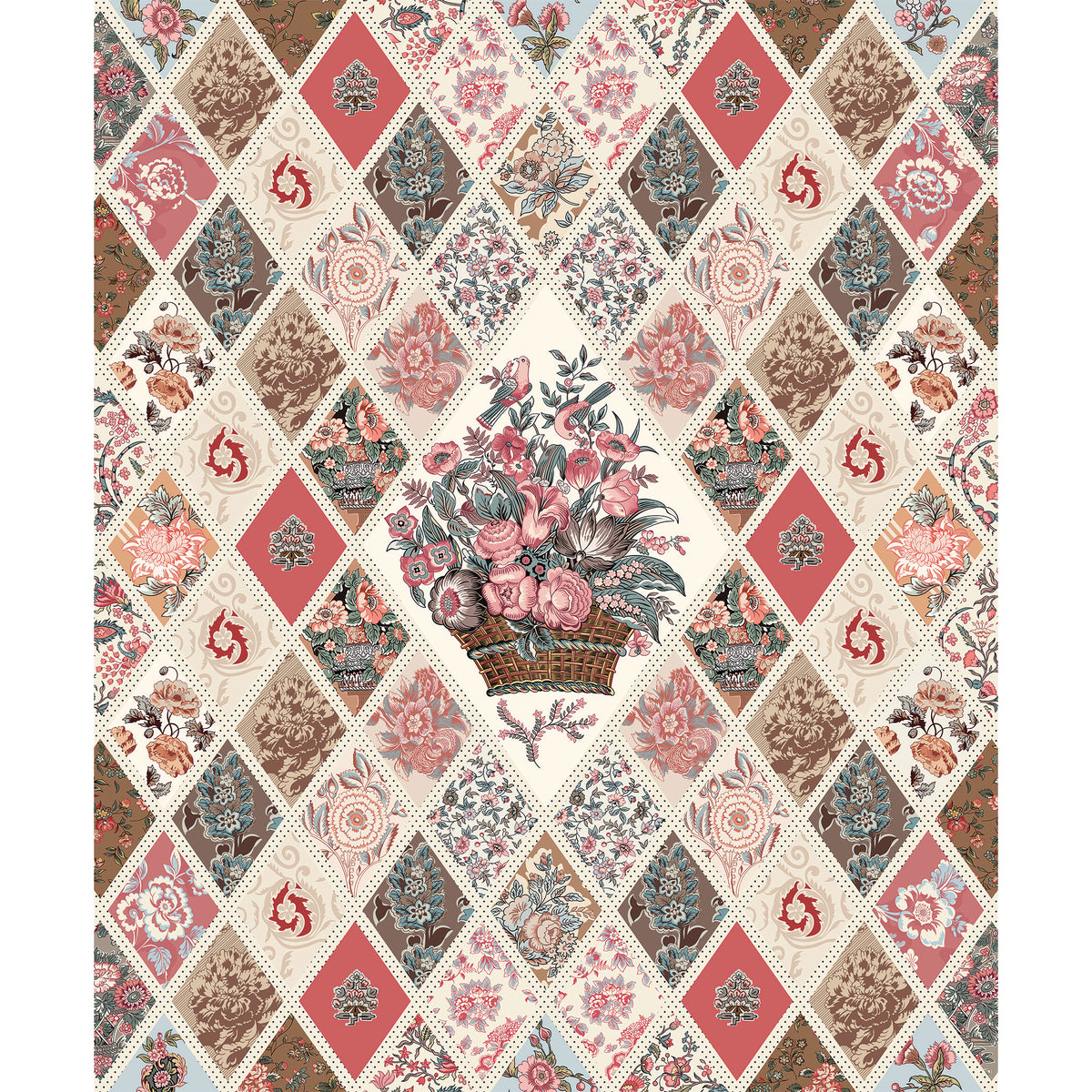 A vintage-style quilted fabric or wallpaper pattern featuring a central bouquet of pink roses in a basket, surrounded by diamond-shaped patchwork panels in dusty pink, beige, brown, and muted blue floral motifs.