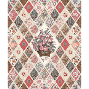 A vintage-style quilted fabric or wallpaper pattern featuring a central bouquet of pink roses in a basket, surrounded by diamond-shaped patchwork panels in dusty pink, beige, brown, and muted blue floral motifs.