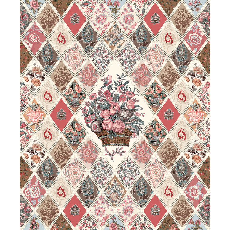 A vintage-style quilted fabric or wallpaper pattern featuring a central bouquet of pink roses in a basket, surrounded by diamond-shaped patchwork panels in dusty pink, beige, brown, and muted blue floral motifs.