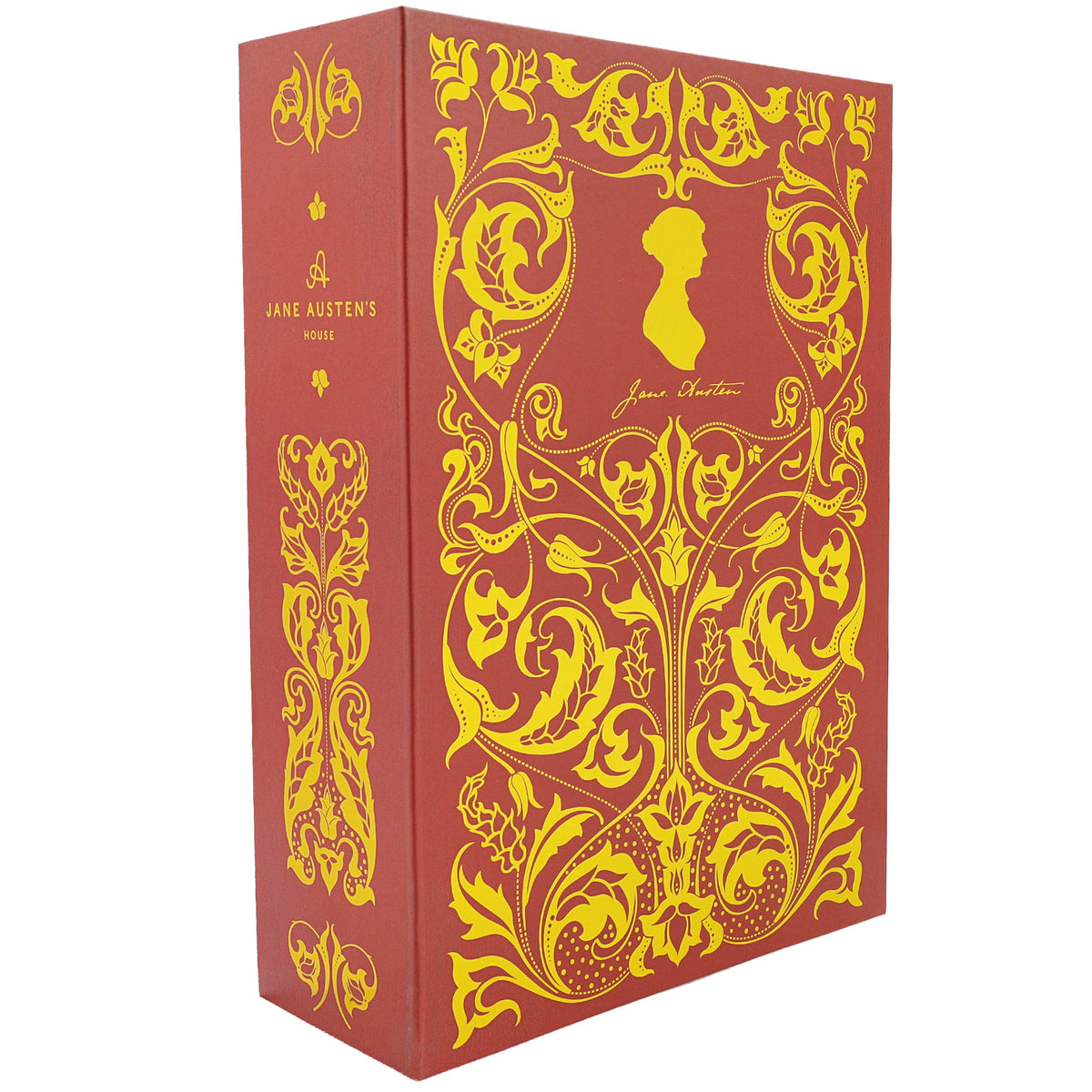 A Jane Austen's Books hardcover book box set featuring a red dust jacket with ornate gold Art Nouveau illustrations and a gold silhouette of Jane Austen on the front, with the spine visible showing the title and author.