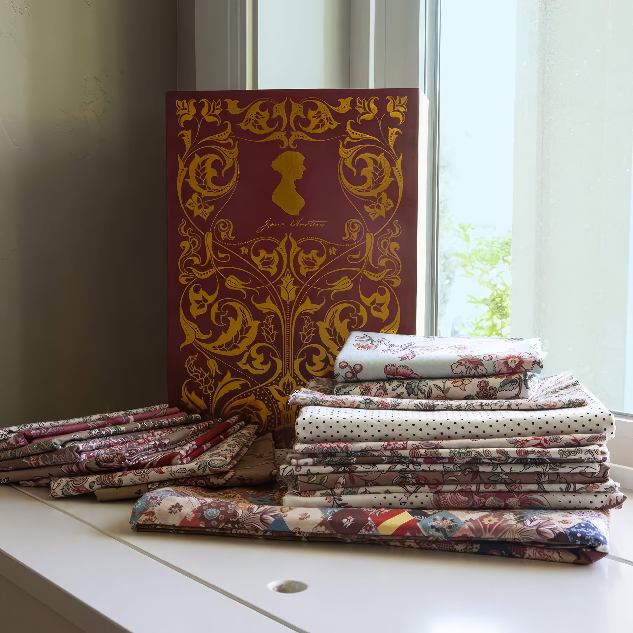 Stack of fabric swatches on a table with an ornate book in the background