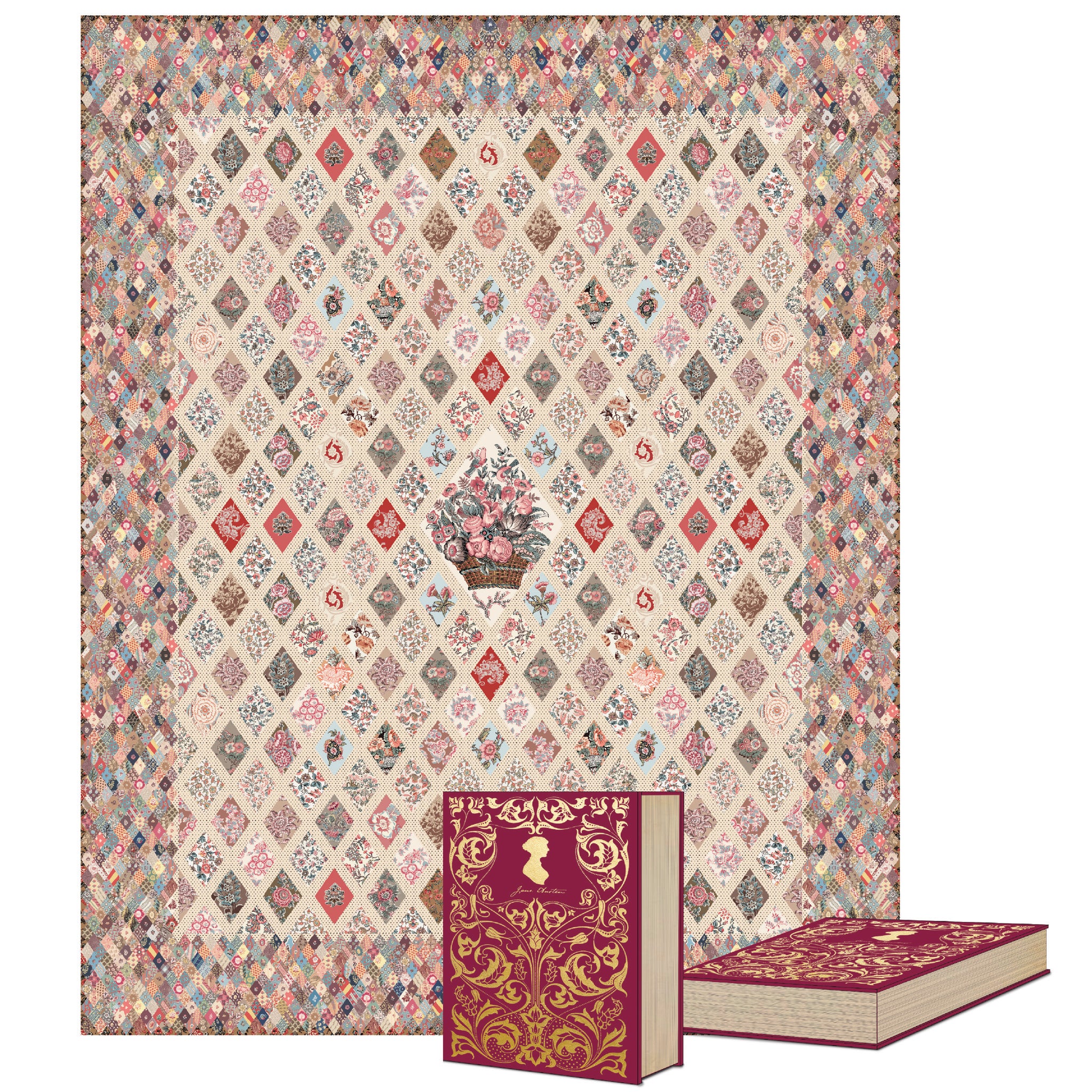A large decorative book box featuring an intricate patchwork-style diamond pattern in soft pink, beige, blue, and brown tones, with two matching ornate books placed in front on a white background.