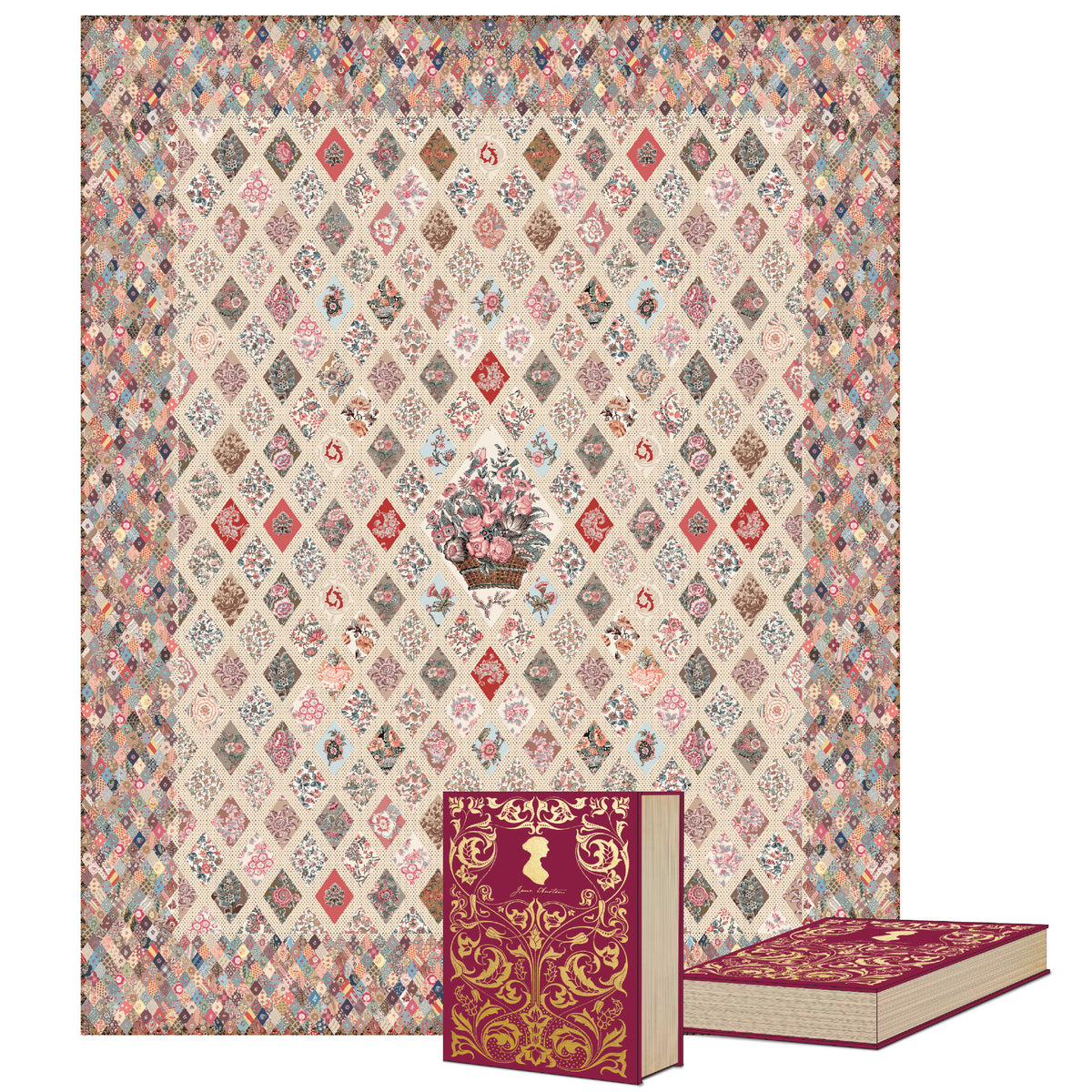 A large decorative book box featuring an intricate patchwork-style diamond pattern in soft pink, beige, blue, and brown tones, with two matching ornate books placed in front on a white background.