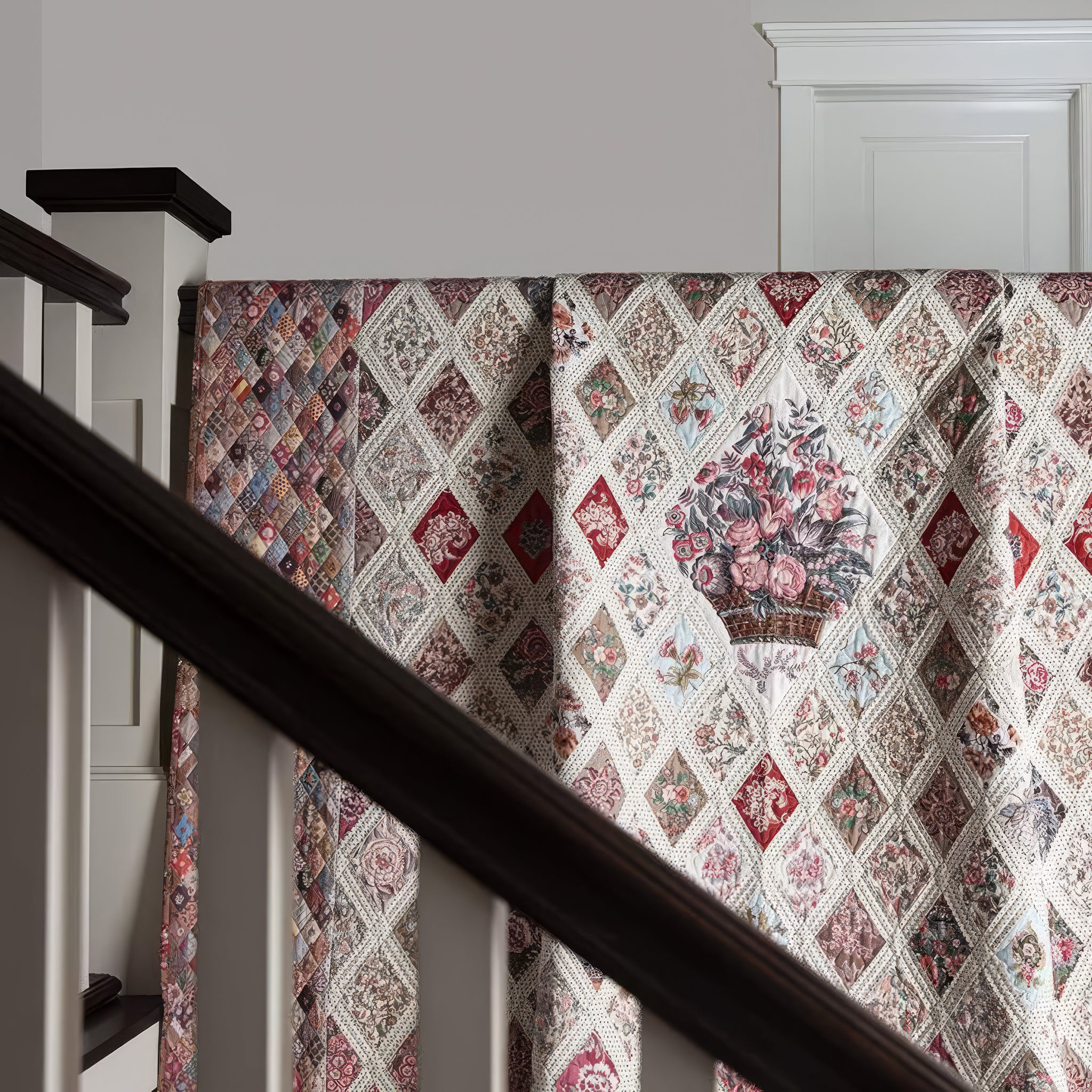 Stair runner with floral diamond pattern on a staircase