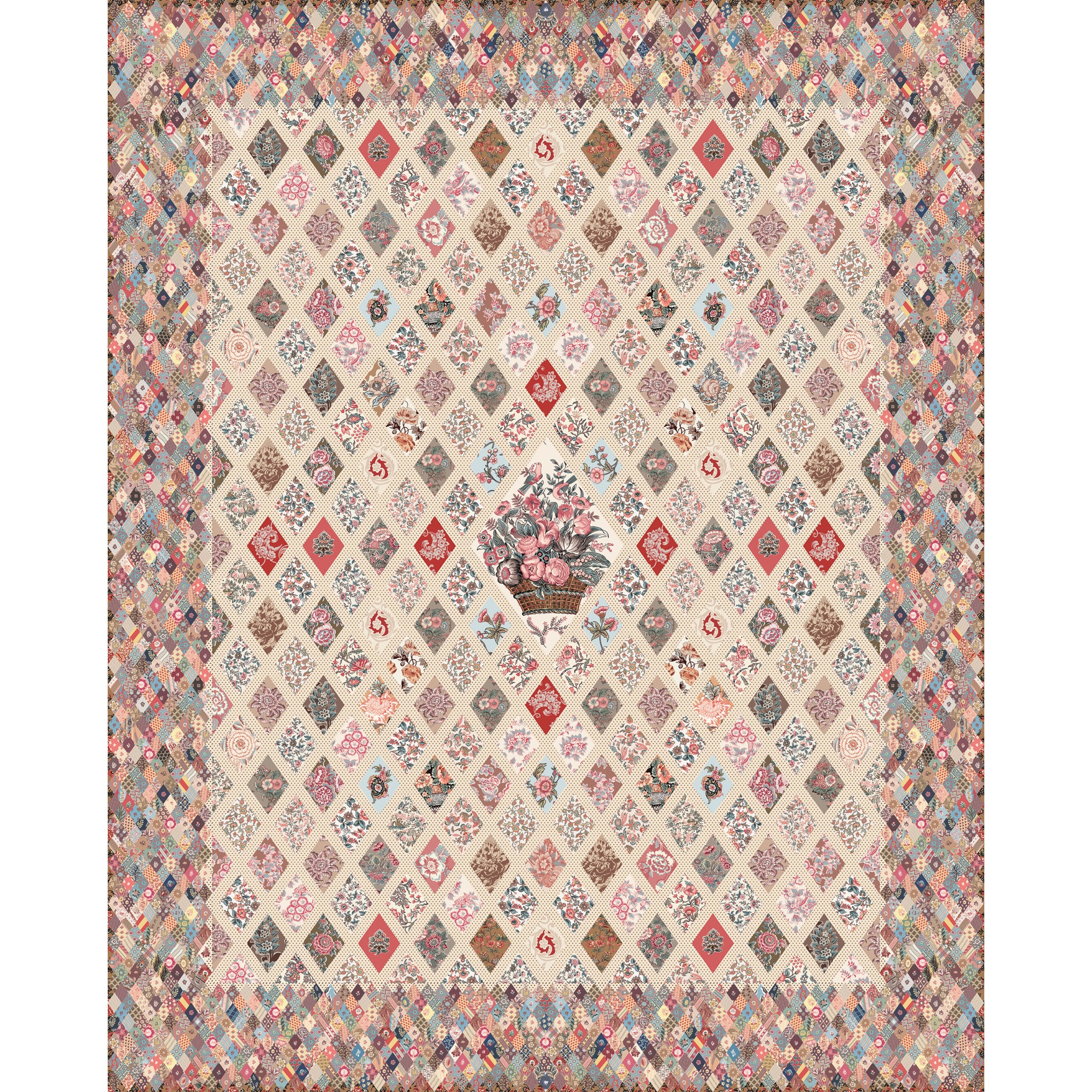 A vintage-style patchwork diamond-patterned rug with a central floral basket motif, featuring a mix of muted pink, blue, beige, and brown tones.