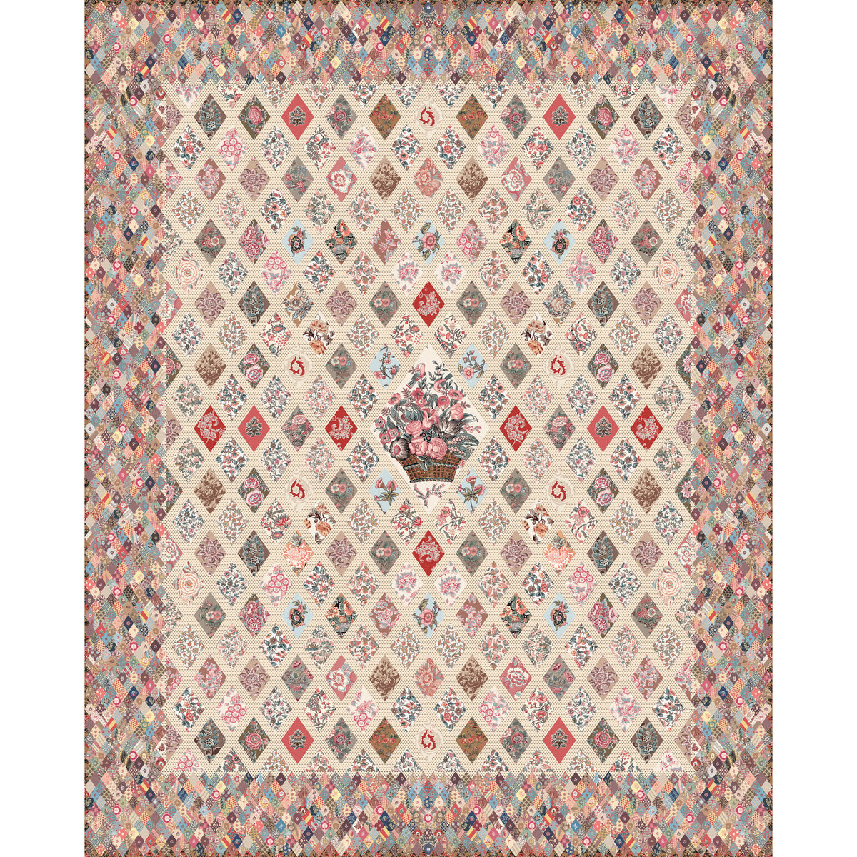 A vintage-style patchwork diamond-patterned rug with a central floral basket motif, featuring a mix of muted pink, blue, beige, and brown tones.