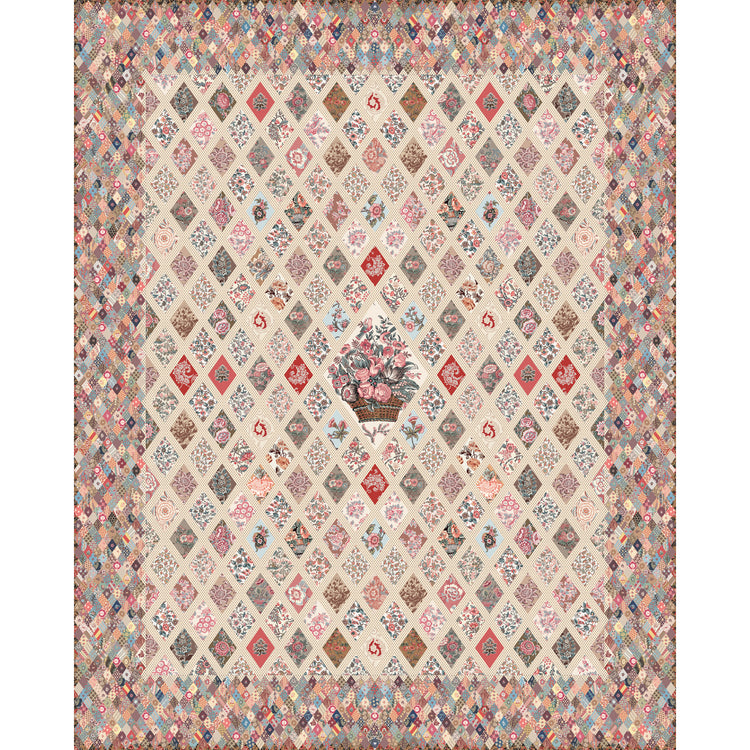 A vintage-style patchwork diamond-patterned rug with a central floral basket motif, featuring a mix of muted pink, blue, beige, and brown tones.