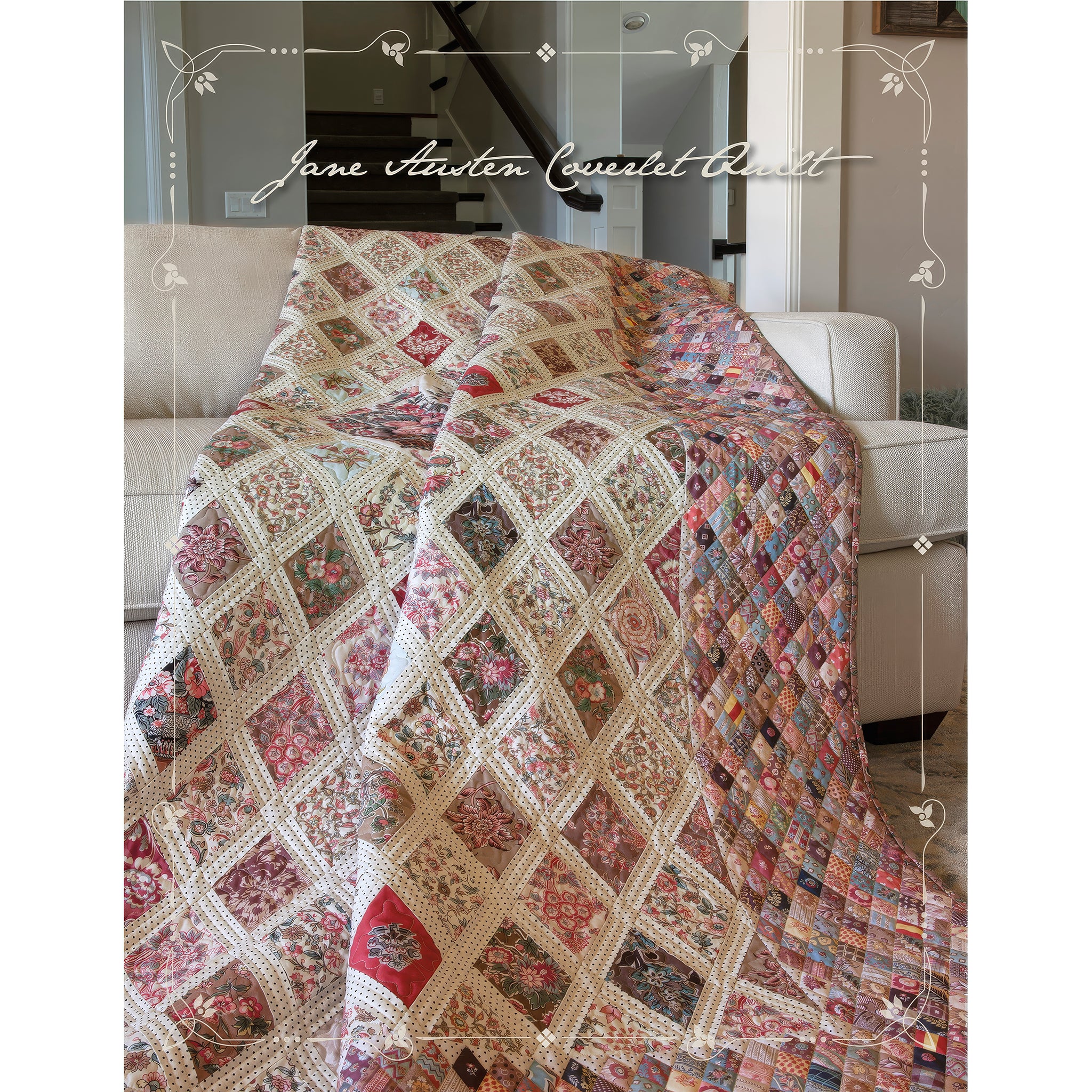 A multicolor patchwork quilt with diamond lattice patterns draped over a light beige sofa in a home setting. The quilt features various floral and geometric patch designs in red, pink, blue, green, and cream.