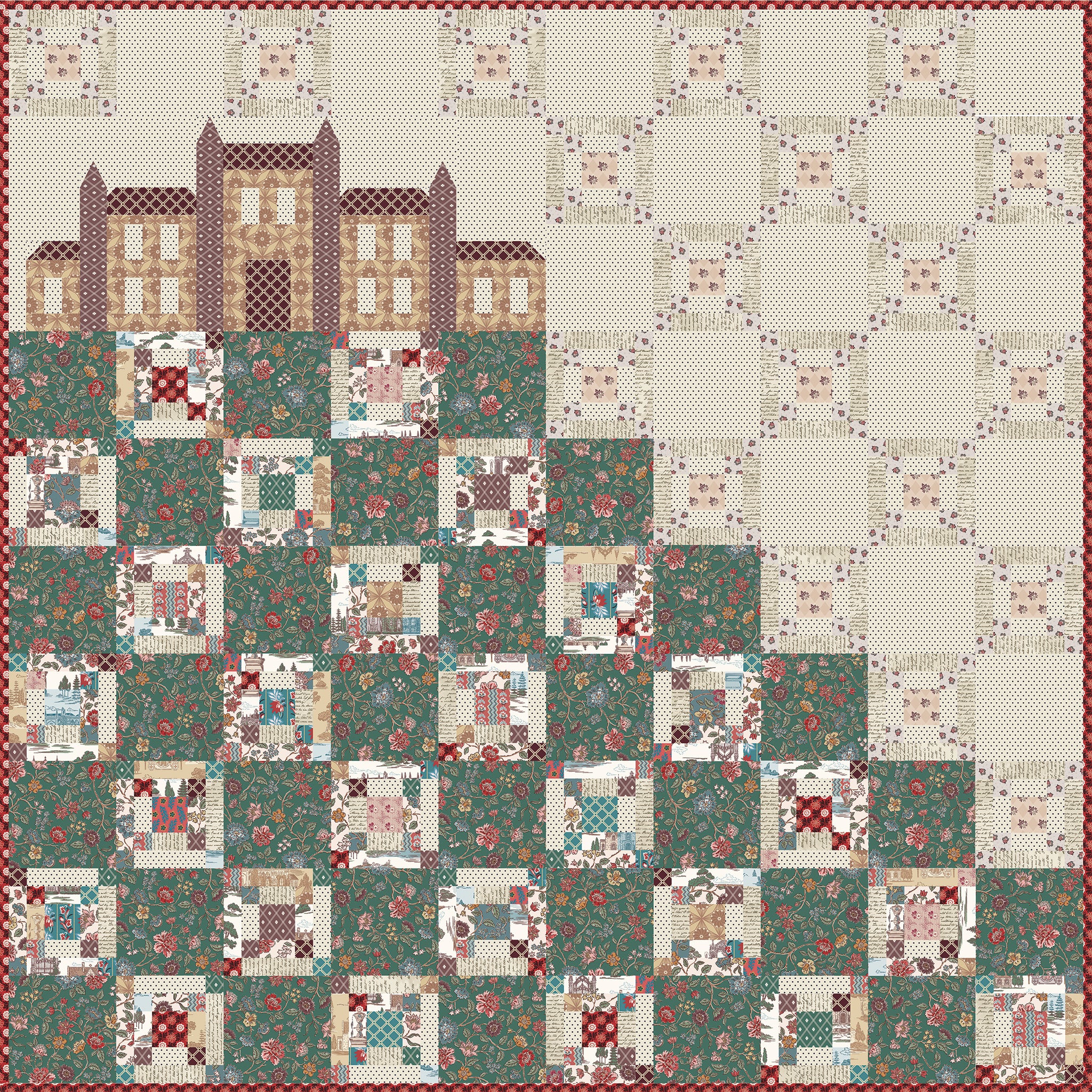 Northanger Abbey quilt with patchwork blocks, floral prints, scenic fabrics, and a pieced abbey motif.