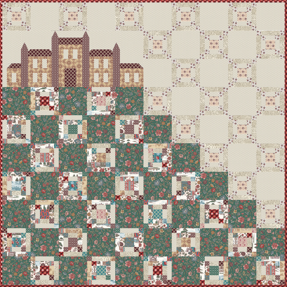 Northanger Abbey quilt with patchwork blocks, floral prints, scenic fabrics, and a pieced abbey motif.