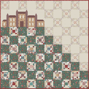 Northanger Abbey quilt with patchwork blocks, floral prints, scenic fabrics, and a pieced abbey motif.