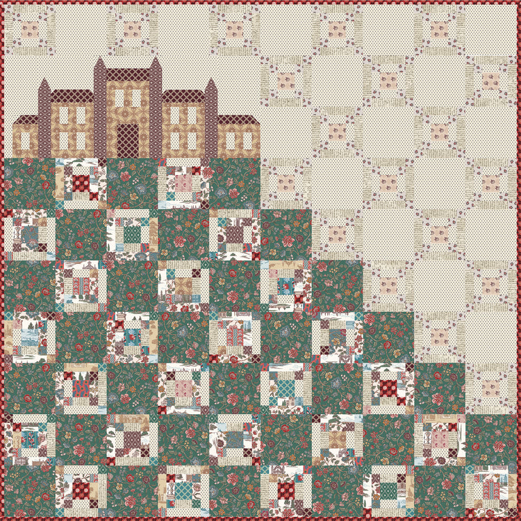 Northanger Abbey quilt with patchwork blocks, floral prints, scenic fabrics, and a pieced abbey motif.