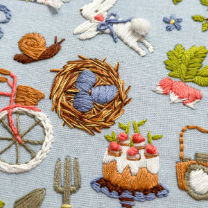 Close-up of a light blue embroidered fabric featuring whimsical folk-style motifs including a brown nest with blue eggs, a white rabbit with a blue bow, a snail, green leaves, pink flowers, and small embroidered cakes.