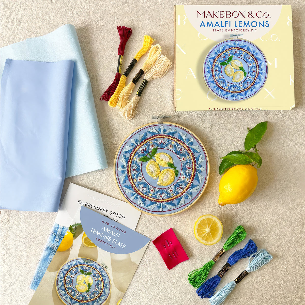 Embroidery kit with decorative plate, fabric, and embroidery threads on a beige surface.