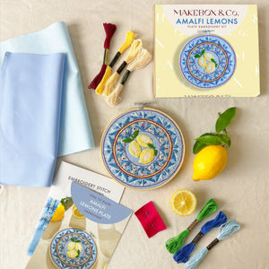 Embroidery kit with decorative plate, fabric, and embroidery threads on a beige surface.