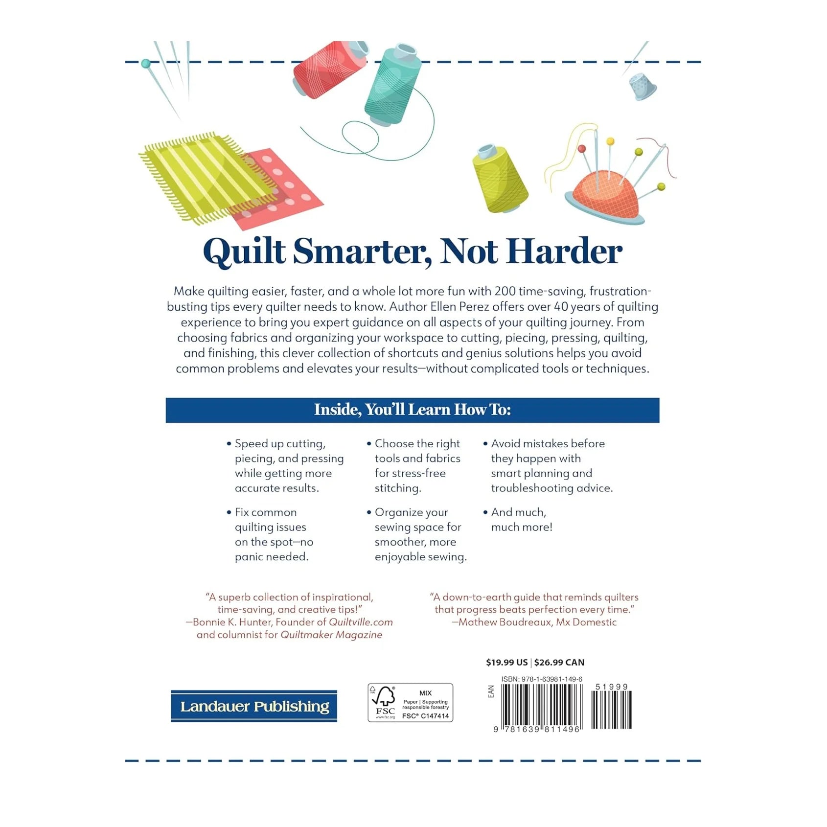 Back cover of 200 Tips, Tricks, and Hacks for Quilters with quilting tips and sewing illustrations.