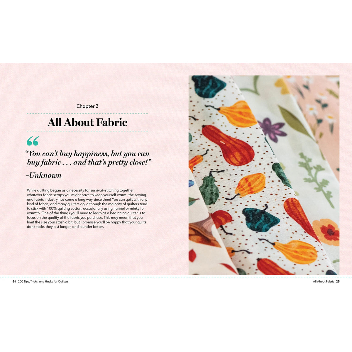 Chapter 2 spread on choosing quilt fabric with colorful patterned fabrics.