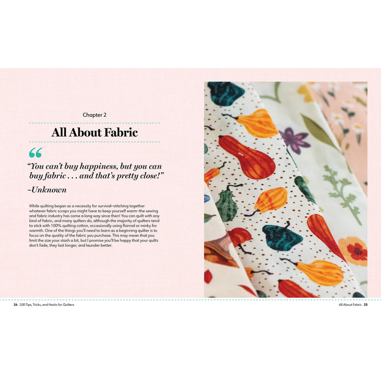 Chapter 2 spread on choosing quilt fabric with colorful patterned fabrics.