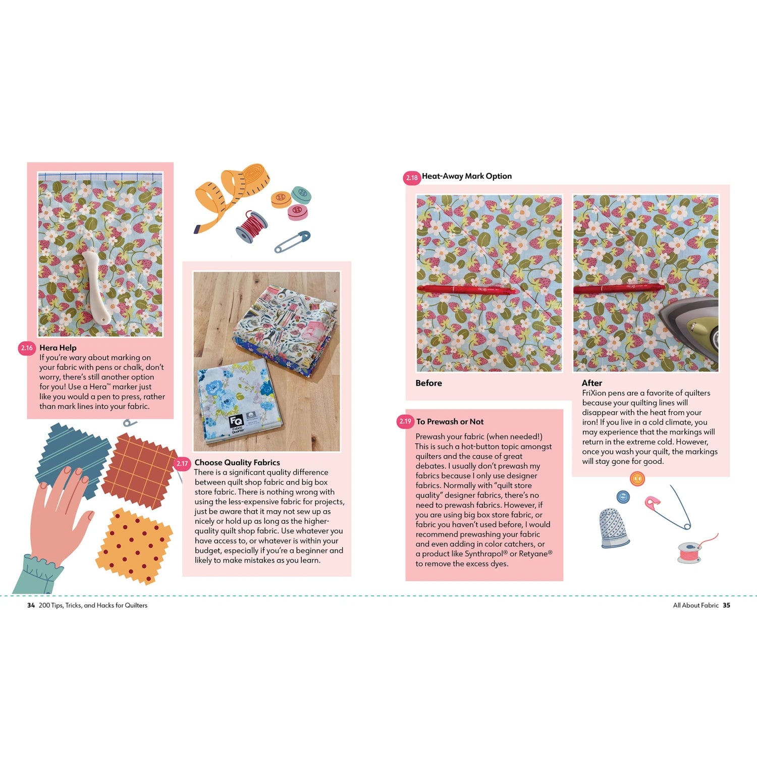 A printed craft instruction page with multiple panels showing fabric selection, marking, cutting, and sewing steps. The page includes photos of patterned fabrics, tools, and explanatory text on a white background with pink borders.