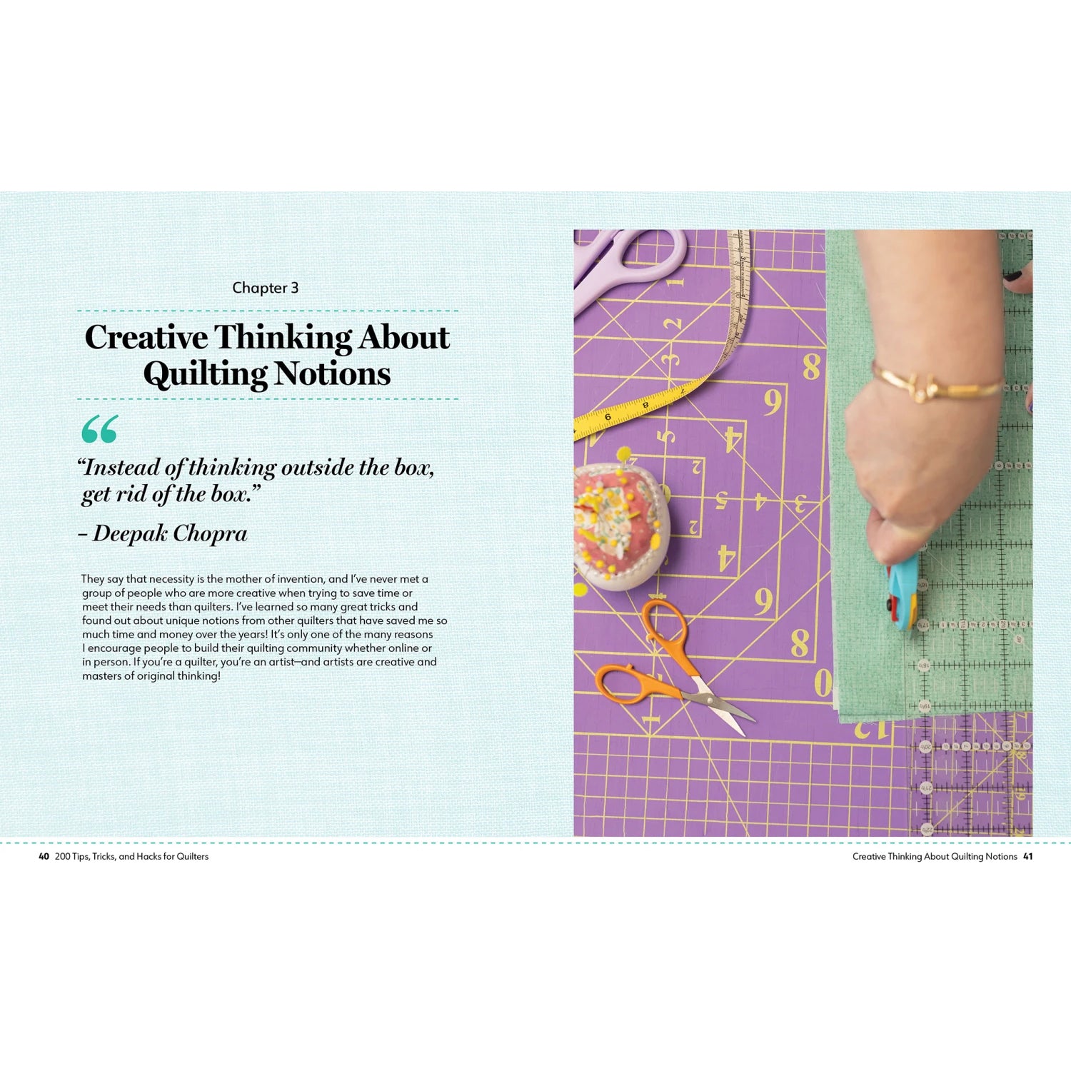 Chapter 3 spread on creative quilting notions with cutting mats, scissors, rulers, and measuring tape.