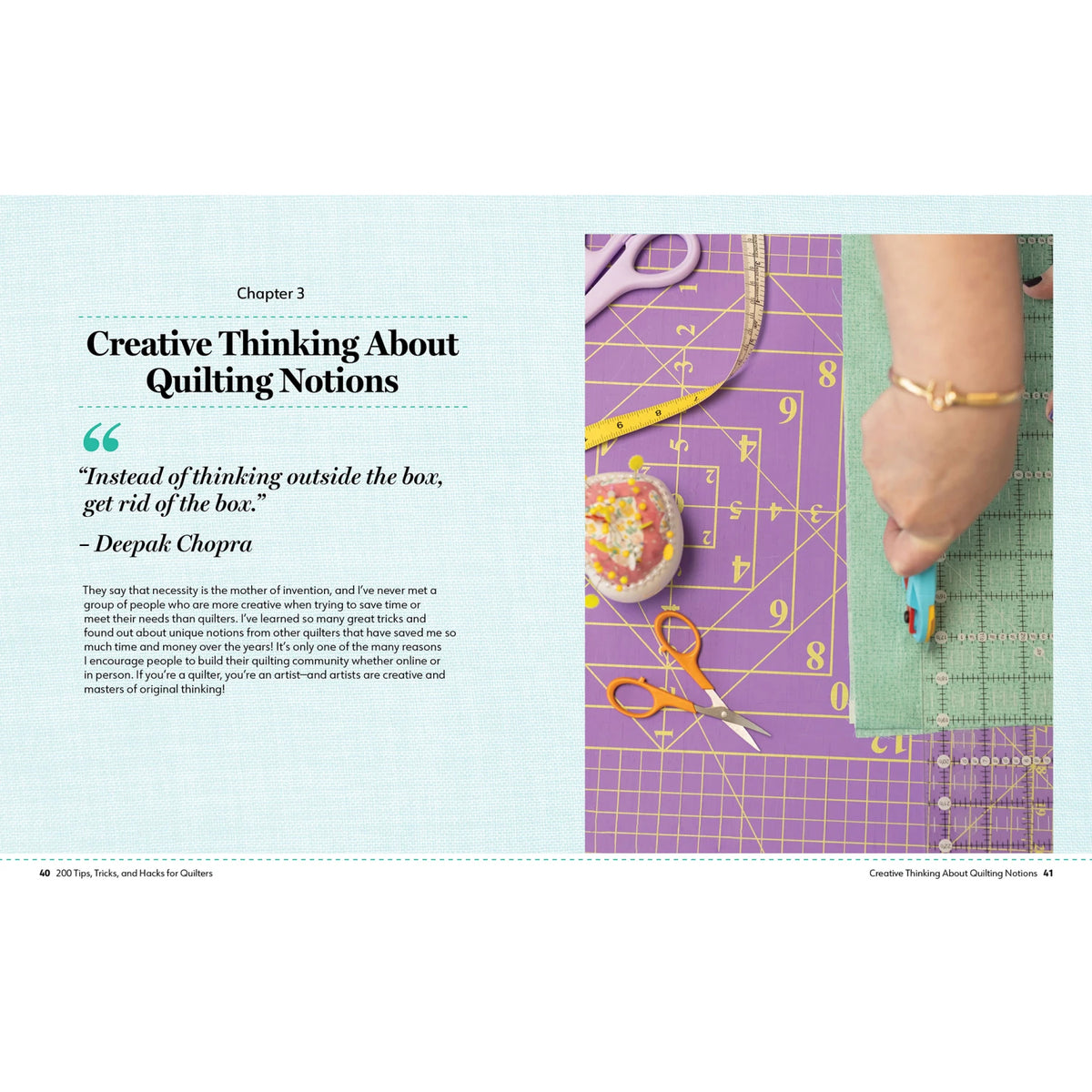 Chapter 3 spread on creative quilting notions with cutting mats, scissors, rulers, and measuring tape.