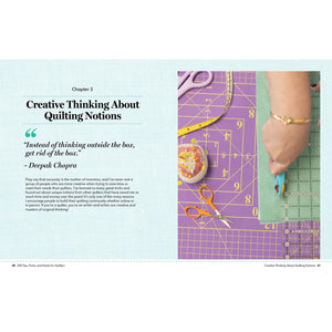 Chapter 3 spread on creative quilting notions with cutting mats, scissors, rulers, and measuring tape.