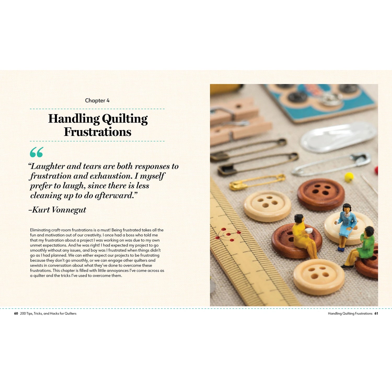 Chapter 4 spread on handling quilting frustrations with buttons, safety pins, and sewing notions.